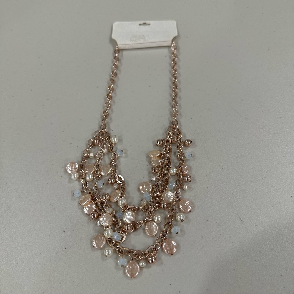NWT Elegant Rose Gold Multi-Layer Necklace, 11”,beads,faux pearls